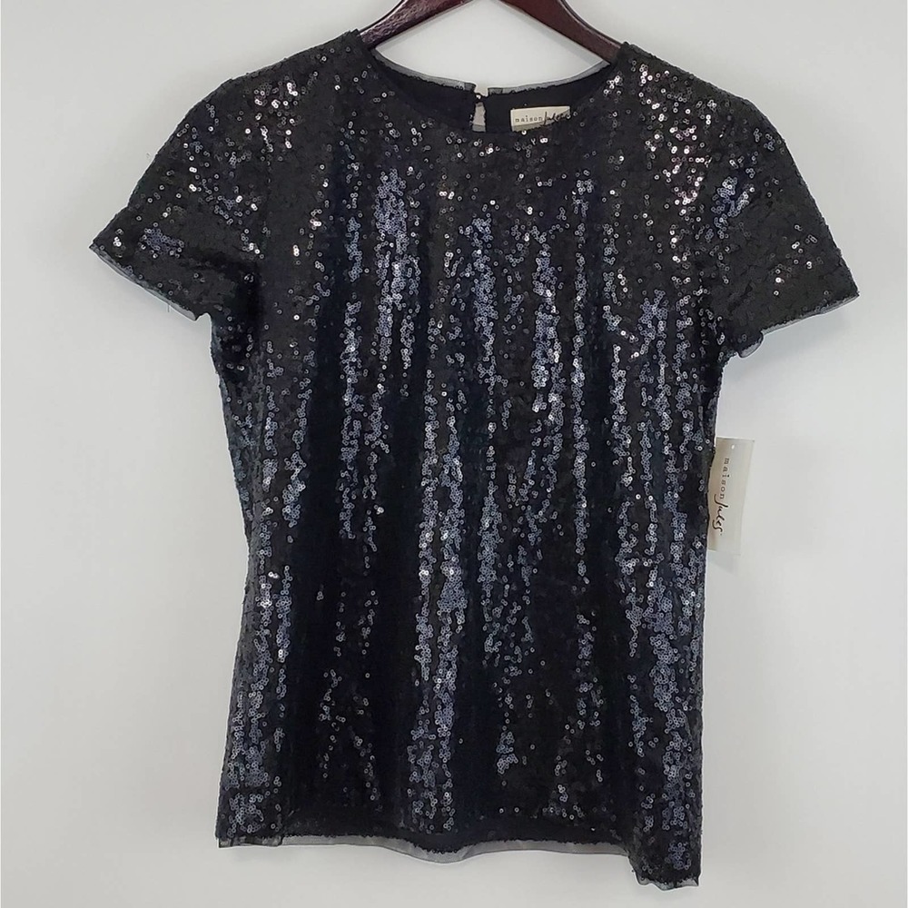 Maison Jules Sequined Short Sleeve Jewel Neck Top